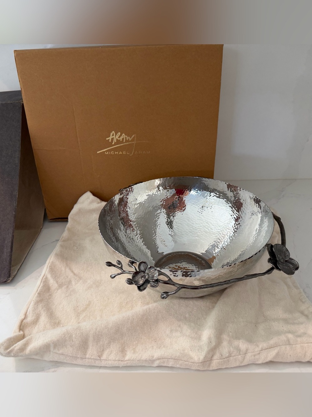 Extra large Michael Aram Silver Hammered Bowl with Floral Branch Handles